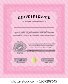 Pink Classic Certificate template. Good design. With great quality guilloche pattern. Detailed. 