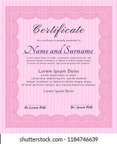 Pink Classic Certificate template. With great quality guilloche pattern. Detailed. Excellent design. 