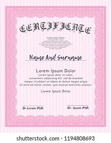 Pink Classic Certificate template. With great quality guilloche pattern. Customizable, Easy to edit and change colors. Good design. 