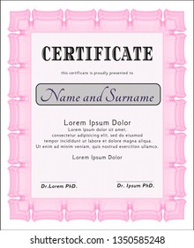 Pink Classic Certificate template. With great quality guilloche pattern. Money design. Customizable, Easy to edit and change colors. 