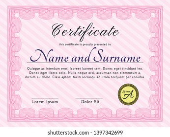 Pink Classic Certificate template. With great quality guilloche pattern. Modern design. Customizable, Easy to edit and change colors. 