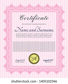 Pink Classic Certificate template. With great quality guilloche pattern. Artistry design. Customizable, Easy to edit and change colors. 