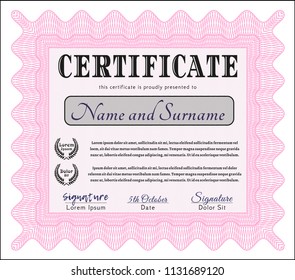 Pink Classic Certificate template. With guilloche pattern. Elegant design. Vector illustration. 