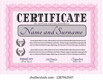Pink Classic Certificate template. With guilloche pattern. Money design. Customizable, Easy to edit and change colors. 