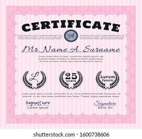 Pink Classic Certificate template. With guilloche pattern. Vector illustration. Money design. 