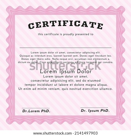 Pink Classic Certificate template.  Lovely design.  With great quality guilloche pattern.   