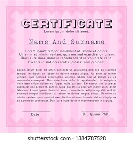 Pink Classic Certificate template. Modern design. With guilloche pattern and background. Vector illustration. 