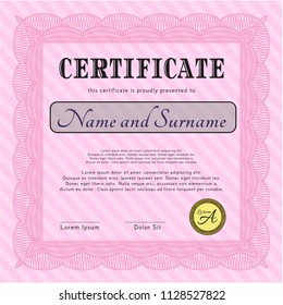 Pink Classic Certificate template. Money style design. Vector illustration. With guilloche pattern. 