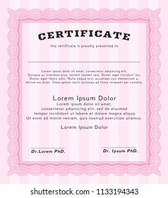 Pink Classic Certificate template. Money style design. Vector illustration. With linear background. 