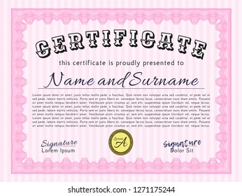 Pink Classic Certificate template. Money Pattern. Customizable, Easy to edit and change colors. With great quality guilloche pattern. 
