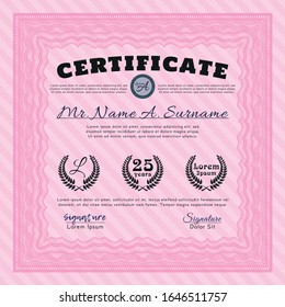 Pink Classic Certificate template. Money Pattern. With complex linear background. Vector illustration. 