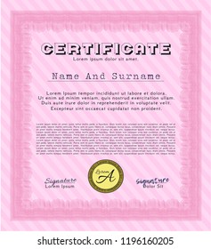 Pink Classic Certificate template. Nice design. With great quality guilloche pattern. Vector illustration. 