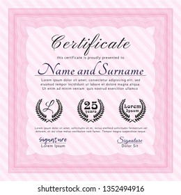 Pink Classic Certificate template. Nice design. Vector illustration. With linear background. 