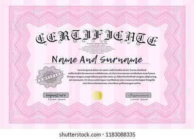 Pink Classic Certificate template. Printer friendly. Lovely design. Vector illustration. 