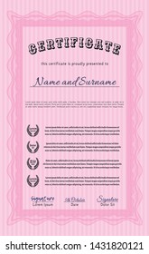 Pink Classic Certificate template. Printer friendly. Vector illustration. Money Pattern design. 
