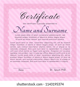 Pink Classic Certificate template. With quality background. Excellent design. Vector illustration. 