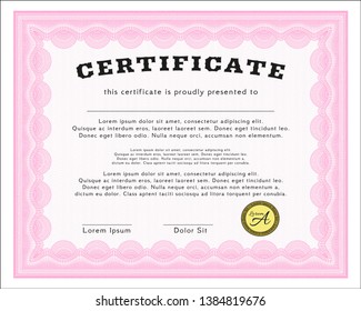 Pink Classic Certificate template. With quality background. Retro design. Detailed. 