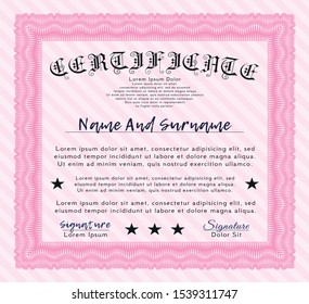 Pink Classic Certificate template. Sophisticated design. With great quality guilloche pattern. Detailed. 