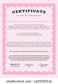Pink Classic Certificate template. Superior design. Vector illustration. With guilloche pattern. 