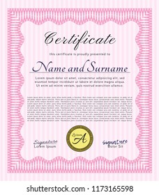 Pink Classic Certificate template. Vector illustration. With background. Money style design. 