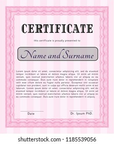 Pink Classic Certificate template. Vector illustration. With great quality guilloche pattern. Elegant design. 