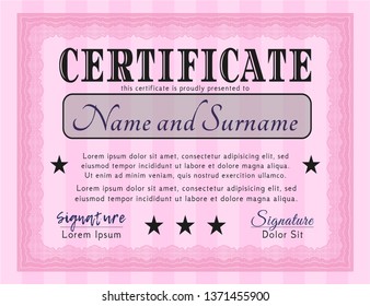 Pink Classic Certificate template. Vector illustration. Complex background. Beauty design. 