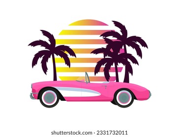 Pink classic corvette car on palm trees, sunset background in retro vintage style. Design t-shirt, print, sticker, poster. Vector svg