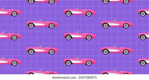 Pink classic corvette car seamless pattern on violet background. Retro american automobile design illustration for textile, wrapping paper, fabric, wallpaper, vintage cover. Vector svg
