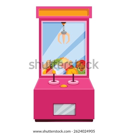 Pink claw crane arcade game with joystick and buttons grabbing plush toys