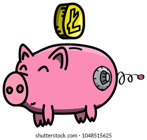 Pink, clean, shiny, happy and fat pig safe in cartoon style with Litecoin virtual cryptocurrency coin.
