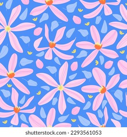 Pink clematis flowers seamless pattern. Floral blue botanical background in rustic style for wedding invite, fabric, wallpaper, wrapping paper, poster