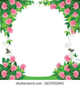 Rosa que sube en el jardín de rosas. Ilustración vectorial de marco floral con espacio para texto. Estilo de dibujos animados.