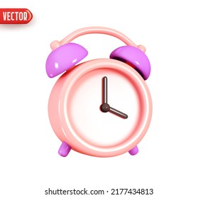 Pink Clock. Alarm clock. Time to the watch. Realistic 3d design element In plastic cartoon style. Icon isolated on white background. Vector illustration