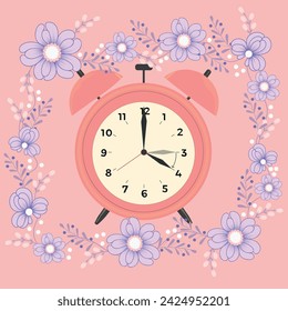 Pink clock with fowers frame on a pink background. Changing the time on the watch to summertime. Vector illustration