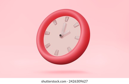 Pink clock icon analog telling time Pointer 1 o'clock floating on isolated pastel background. 3D vector alarm clock timer minimal cartoon cute smooth design vintage creative concept. 3d illustration
