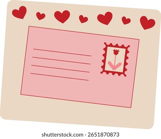Envelope rosa fechado com selo postal. Carta de papel para o Dia dos Namorados, casamento, aniversário. Composição postal com local para endereço. Ilustração vetorial em fundo transparente.