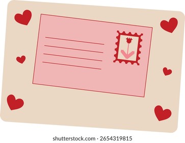  Pink closed envelope with postage stamp. Paper letter for Valentine's Day, wedding, anniversary. Postal composition with place for address. Vector illustration on transparent background.