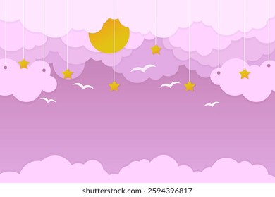 pink cloud background with the sun appearing behind the clouds, stars and flying birds made in papercut style