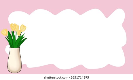 Moldura de nuvem rosa e tulipas amarelas em vaso.