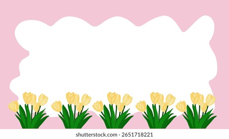 Pink cloud frame and yellow tulips.