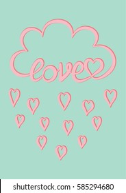 Pink cloud with hand written word Love and pink heart rain drops on mint green background, Valentine's day card design template