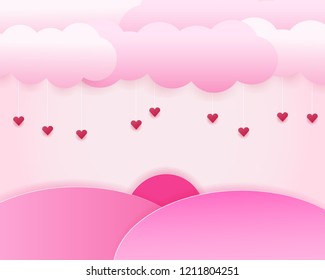 Pink cloud, mountain ,sun and hearts on pink background paper art style for Valentine 's Day. Vector illustration.