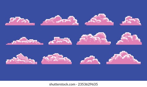 pink cloud pixel. Pixel cloud landscape, cloudy pink masses on a blue sky. Pixelated icons to customize the game and scenery. 8-bit game background or old-school retro arcade style.