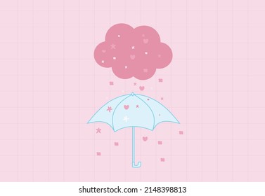 Nube rosa y amor lluvioso en paraguas azules con fondo de caja de cuadros rosados