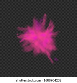 Pink cloud splash of color powder, realistic vector illustration isolated on dark transparent background. Graphic decorative element of spraying paint pigment.