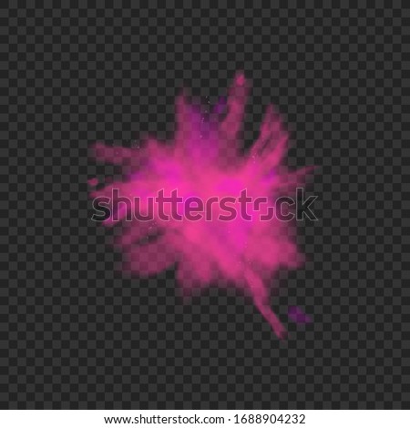 Pink cloud splash of color powder, realistic vector illustration isolated on dark transparent background. Graphic decorative element of spraying paint pigment.