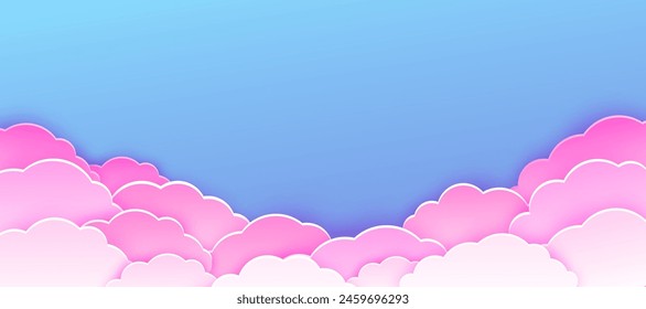 Pink cloud vector background. Fantasy clouds in realistic paper cut style on purple blue sky. Surrealism bright light heaven with empty space. Magic dreamlike banner.