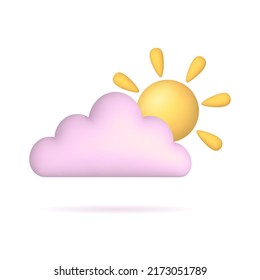 Pink cloud with yellow sun with rays. 3d icon isolated on white background. Weather icon, nature, space concept. Vector illustration