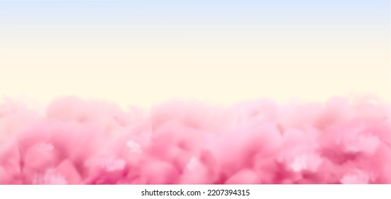 Pink clouds background. Vector realistic sunrise or sunset sky. Above the clouds in sunny heaven, web banner template