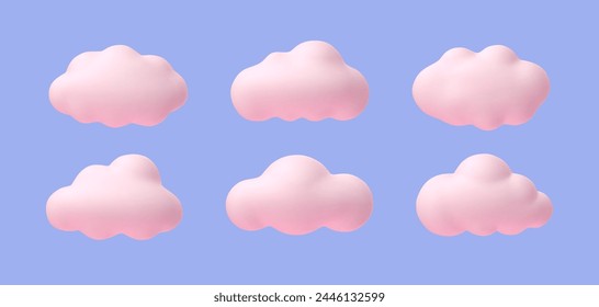 Pink clouds. Cartoon soft pink rounded cloud 3D shapes for game and animation. Magic sunset clouds isolated on blue background vector set. Cloudscape sunrise, fluffy cumulus collection